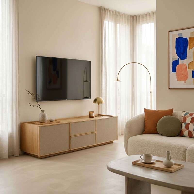 Mueble TV de efecto madera 150 cm en tela estilo escandinavo (8/9)