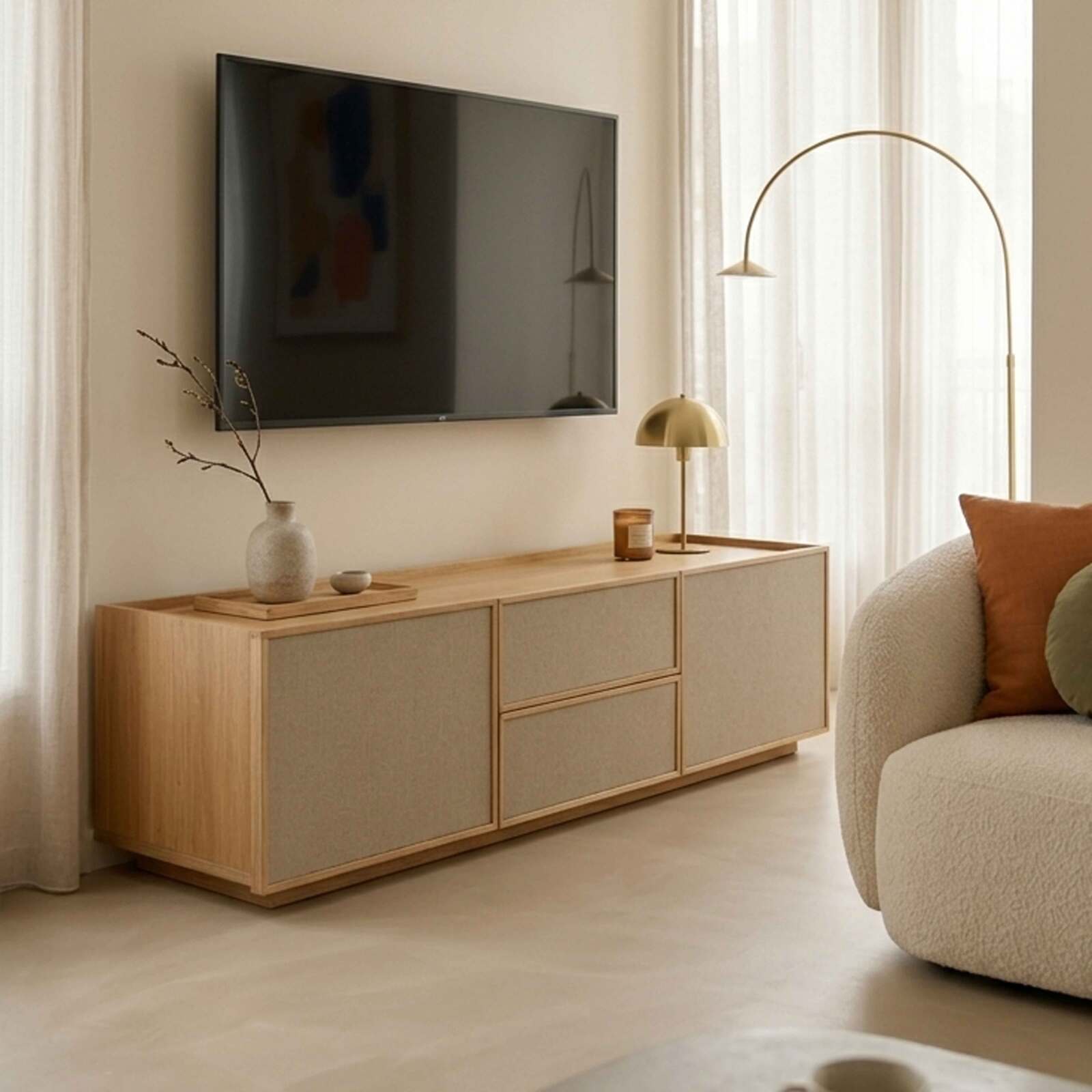 Mueble TV de efecto madera 150 cm en tela estilo escandinavo