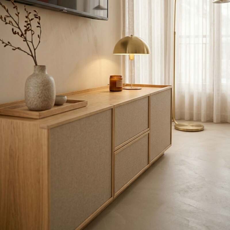 Mueble TV de efecto madera 150 cm en tela estilo escandinavo (2/9)