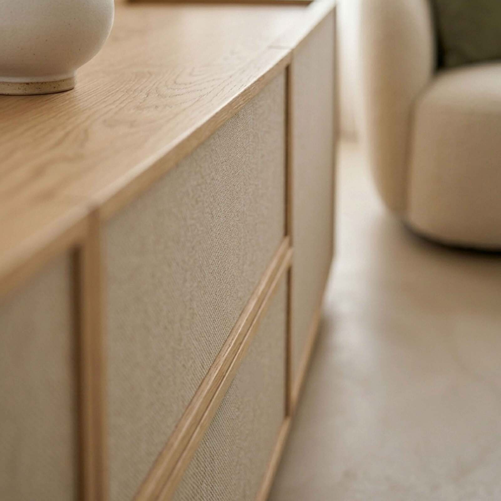 Mueble TV de efecto madera 150 cm en tela estilo escandinavo