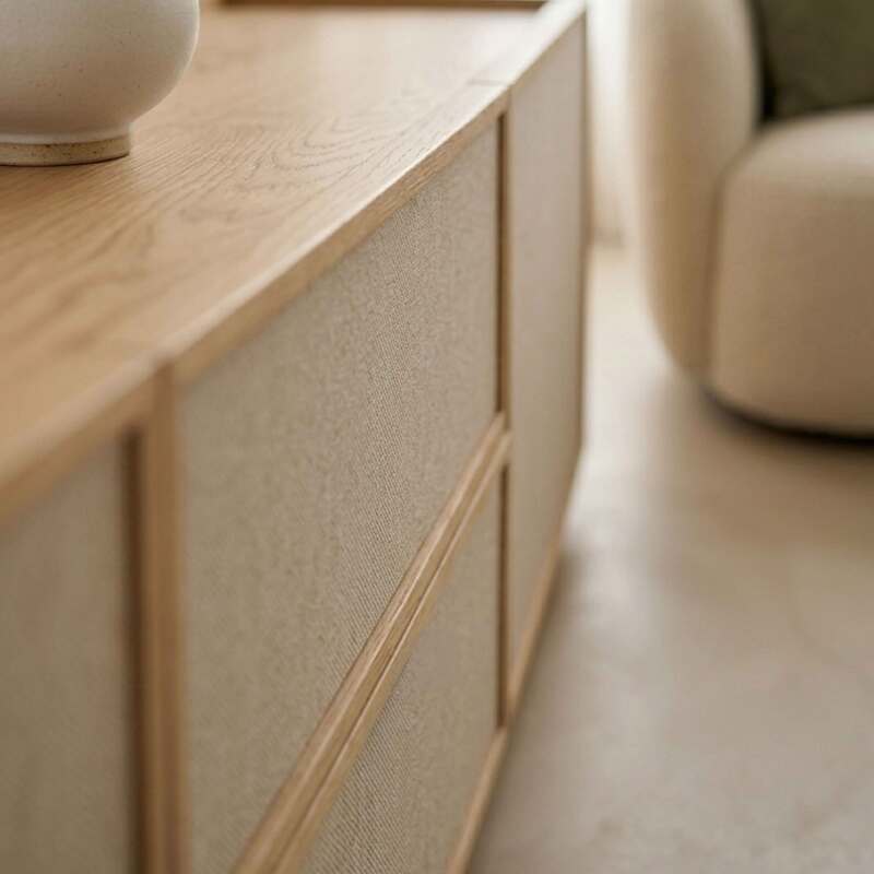 Mueble TV de efecto madera 150 cm en tela estilo escandinavo (3/9)