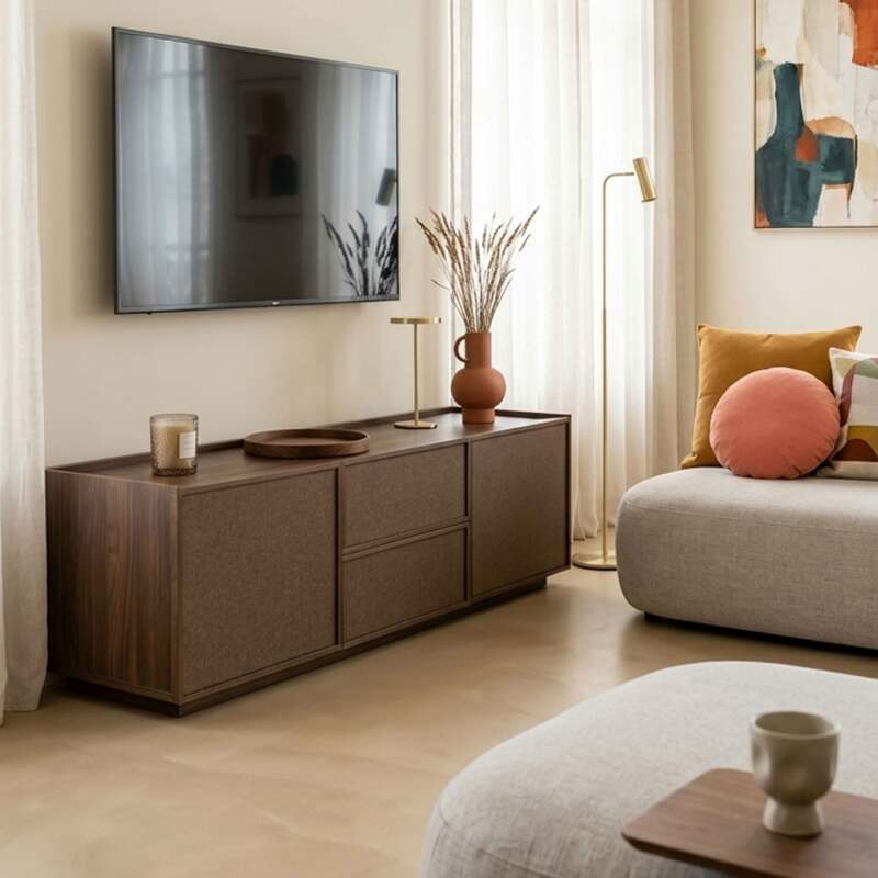 Mueble TV de efecto madera 150 cm en tela estilo escandinavo