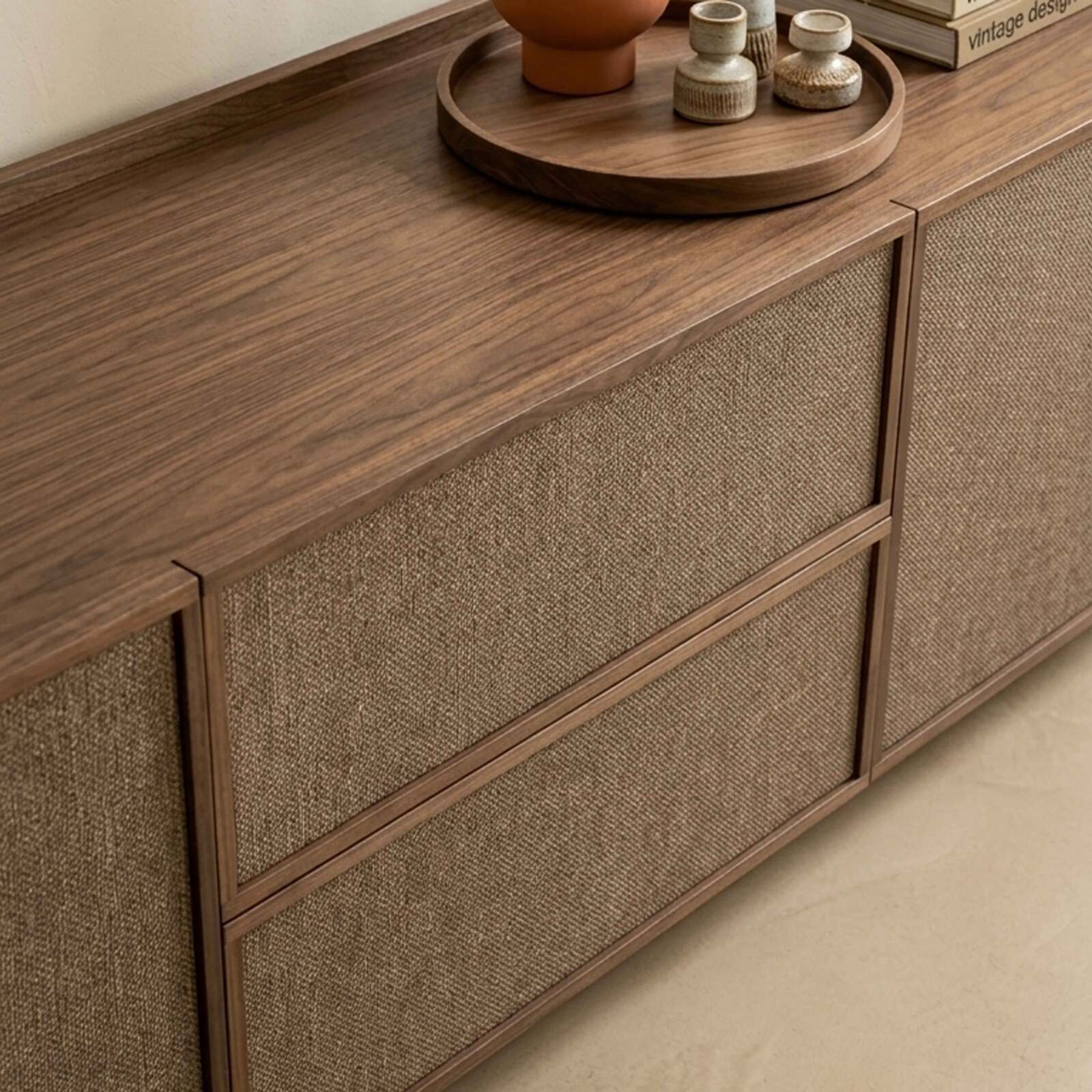 Mueble TV de efecto madera 150 cm en tela estilo escandinavo