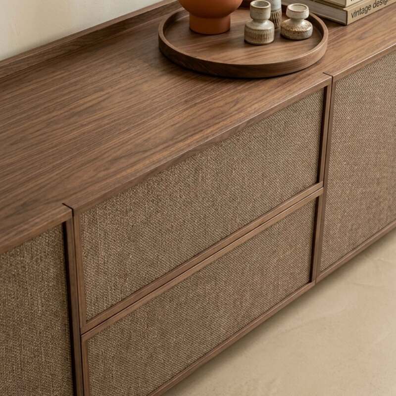 Mueble TV de efecto madera 150 cm en tela estilo escandinavo (3/9)