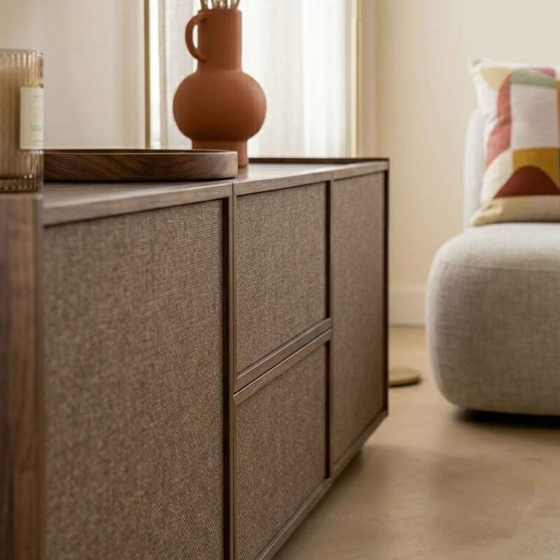 Mueble TV de efecto madera 150 cm en tela estilo escandinavo (4/9)