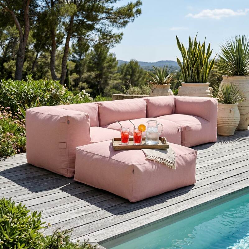 Sofá modular de exterior para 4 personas con 1 sillón, 2 sillones esquineros y 1 puf