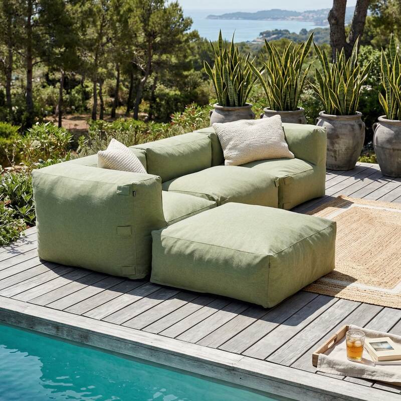 Sofá modular de exterior para 4 personas con 1 sillón, 2 sillones esquineros y 1 puf