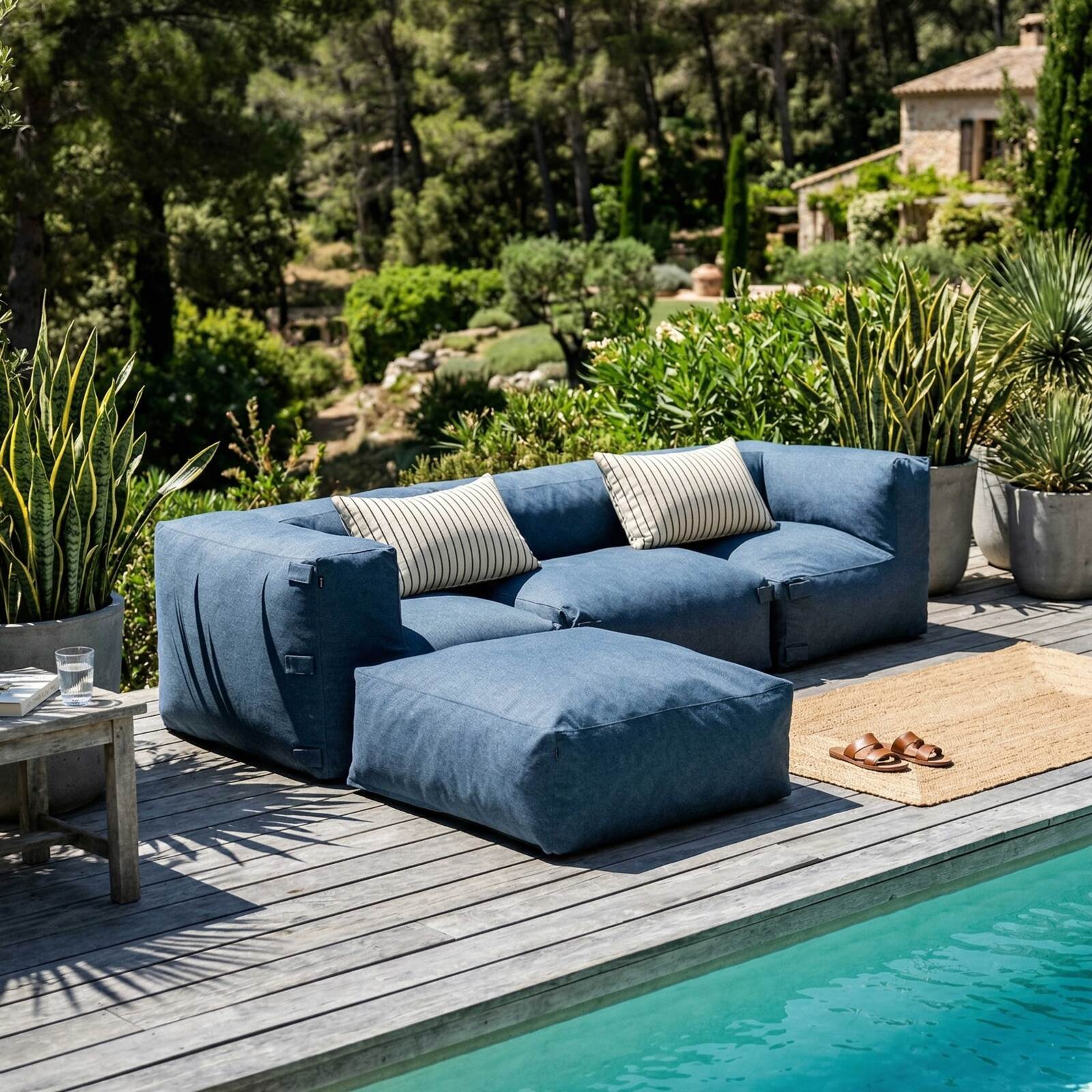 Sofá modular de exterior para 4 personas con 1 sillón, 2 sillones esquineros y 1 puf