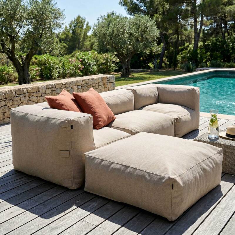 Sofá modular de exterior para 4 personas con 1 sillón, 2 sillones esquineros y 1 puf