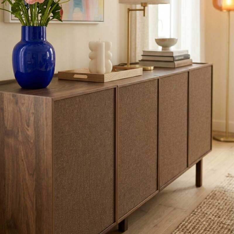 Aparador efecto madera y tela 4 puertas 180 cm estilo escandinavo (2/8)