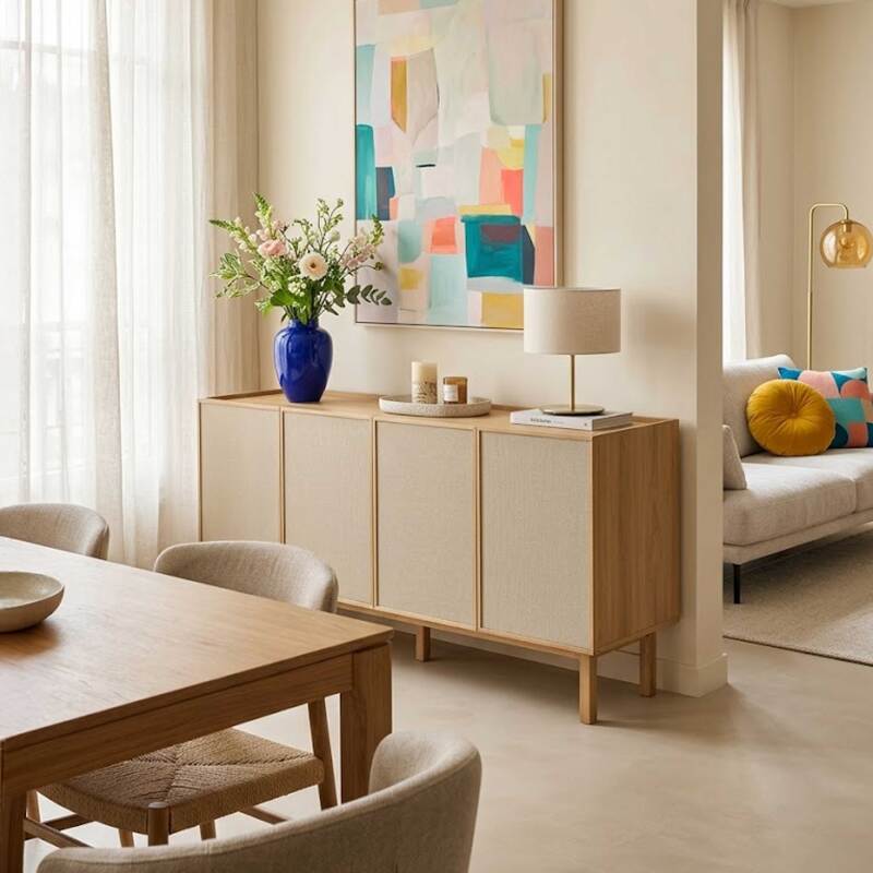 Aparador efecto madera y tela 4 puertas 180 cm estilo escandinavo (8/9)