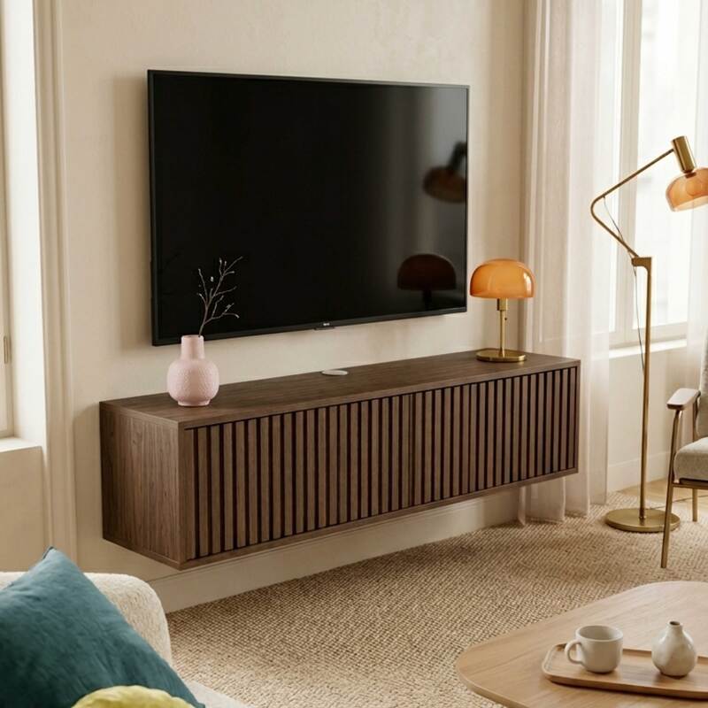 Mueble de TV suspendido efecto madera clara 120 cm estilo escandinavo
