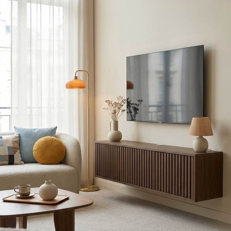 Mueble de TV suspendido efecto madera clara 120 cm estilo escandinavo (8/9)
