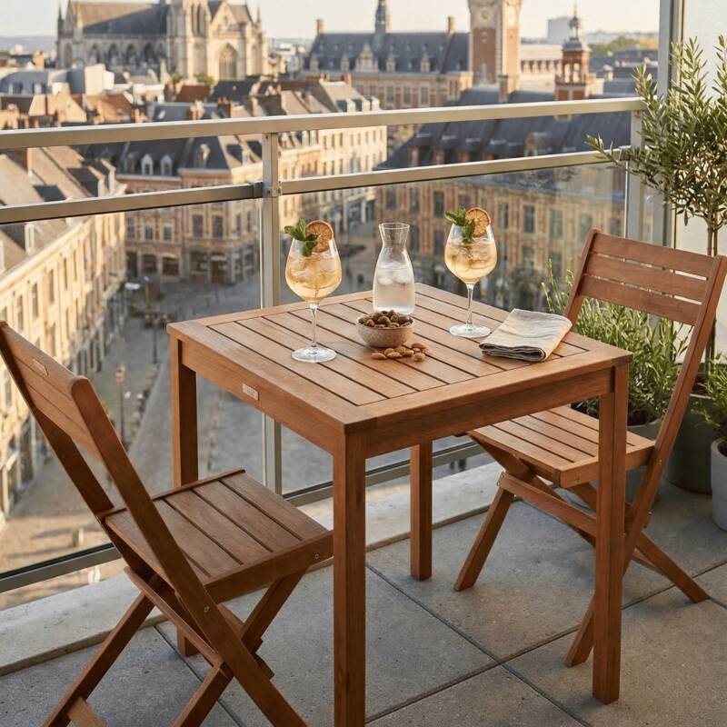 Mesa de jardín cuadrada de madera de eucalipto 70x70 cm y 2 sillas plegables - Lifestyle