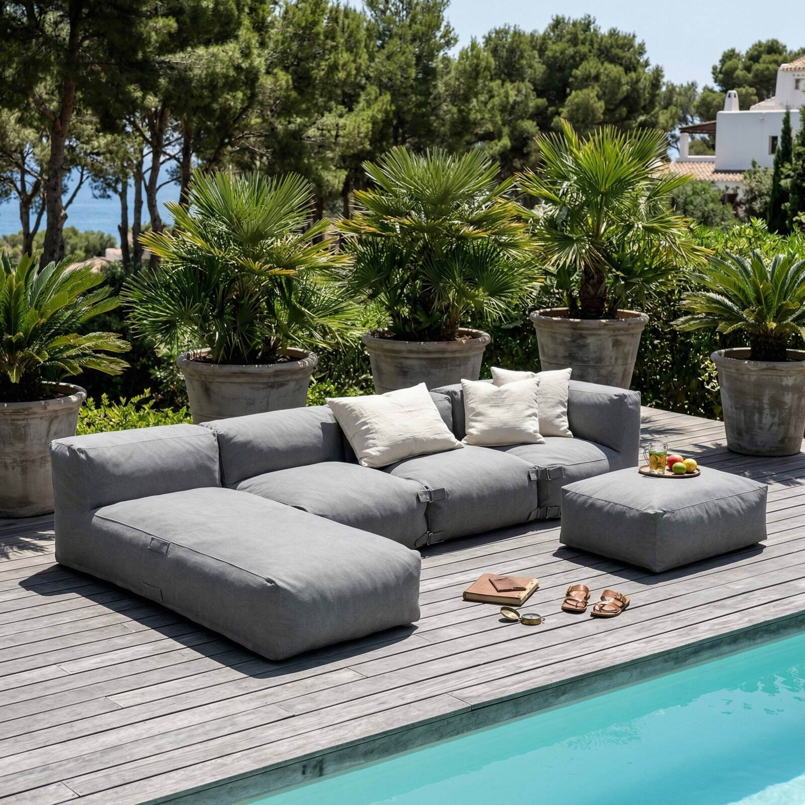 Sofá modular de exterior para 5 personas con 2 sillones, 1 sillón esquinero, 1 chaise longue  y 1 puf