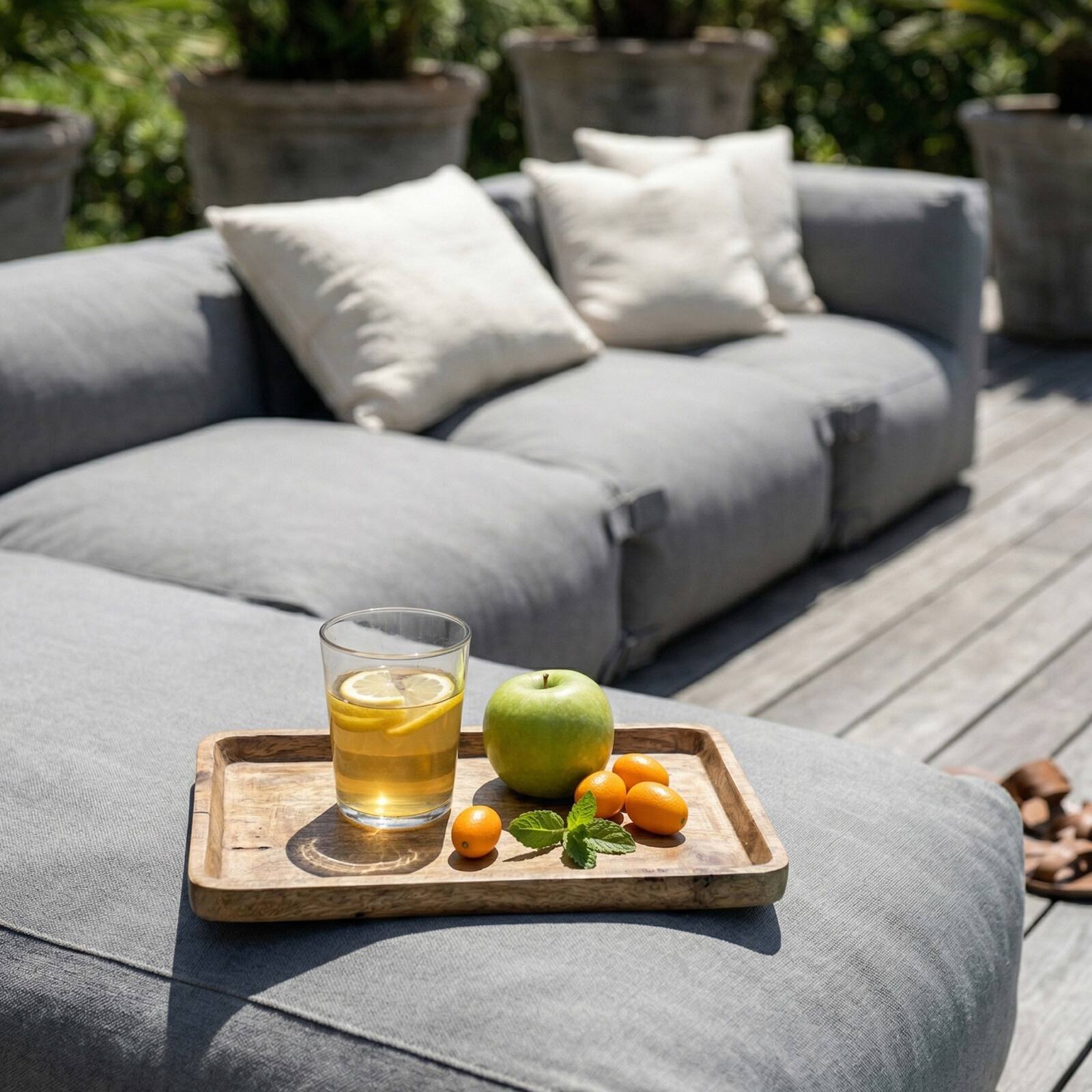 Sofá modular de exterior para 5 personas con 2 sillones, 1 sillón esquinero, 1 chaise longue  y 1 puf