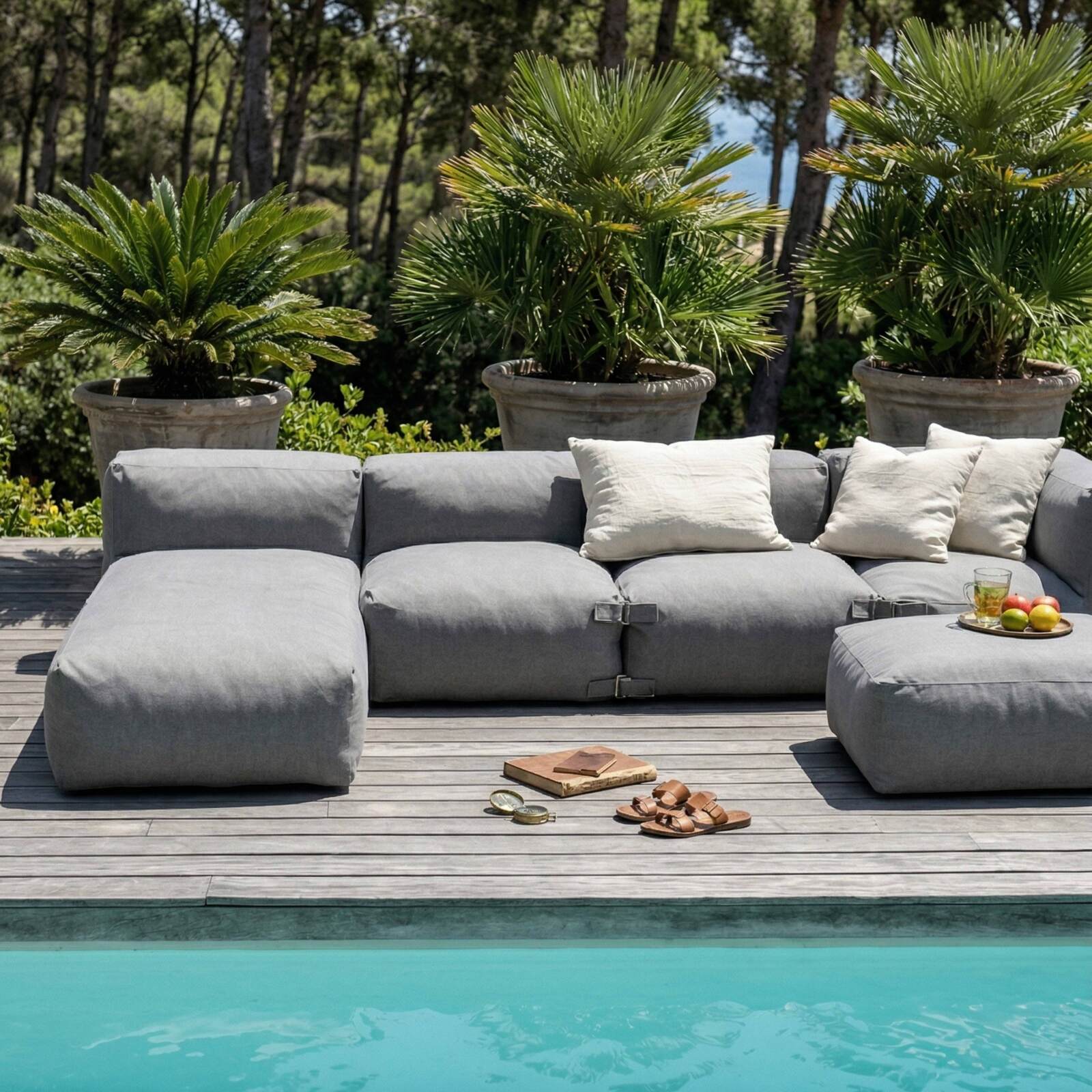 Sofá modular de exterior para 5 personas con 2 sillones, 1 sillón esquinero, 1 chaise longue  y 1 puf