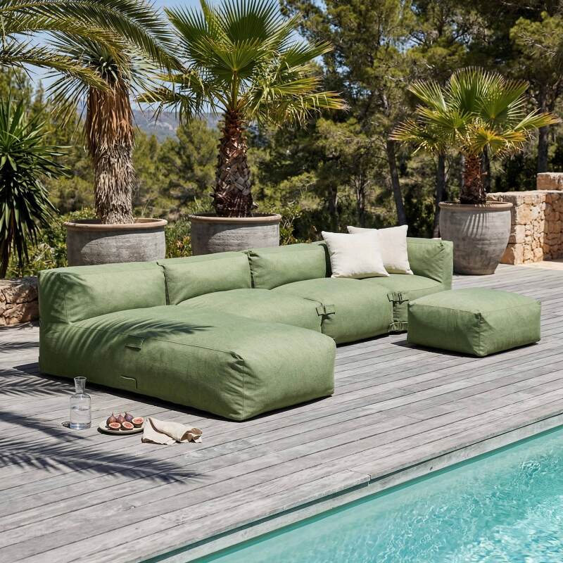 Sofá modular de exterior para 5 personas con 2 sillones, 1 sillón esquinero, 1 chaise longue  y 1 puf
