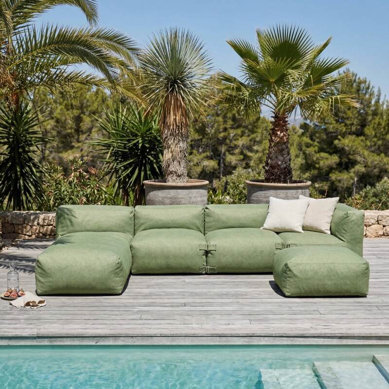 Sofá modular de exterior para 5 personas con 2 sillones, 1 sillón esquinero, 1 chaise longue  y 1 puf (2/8)