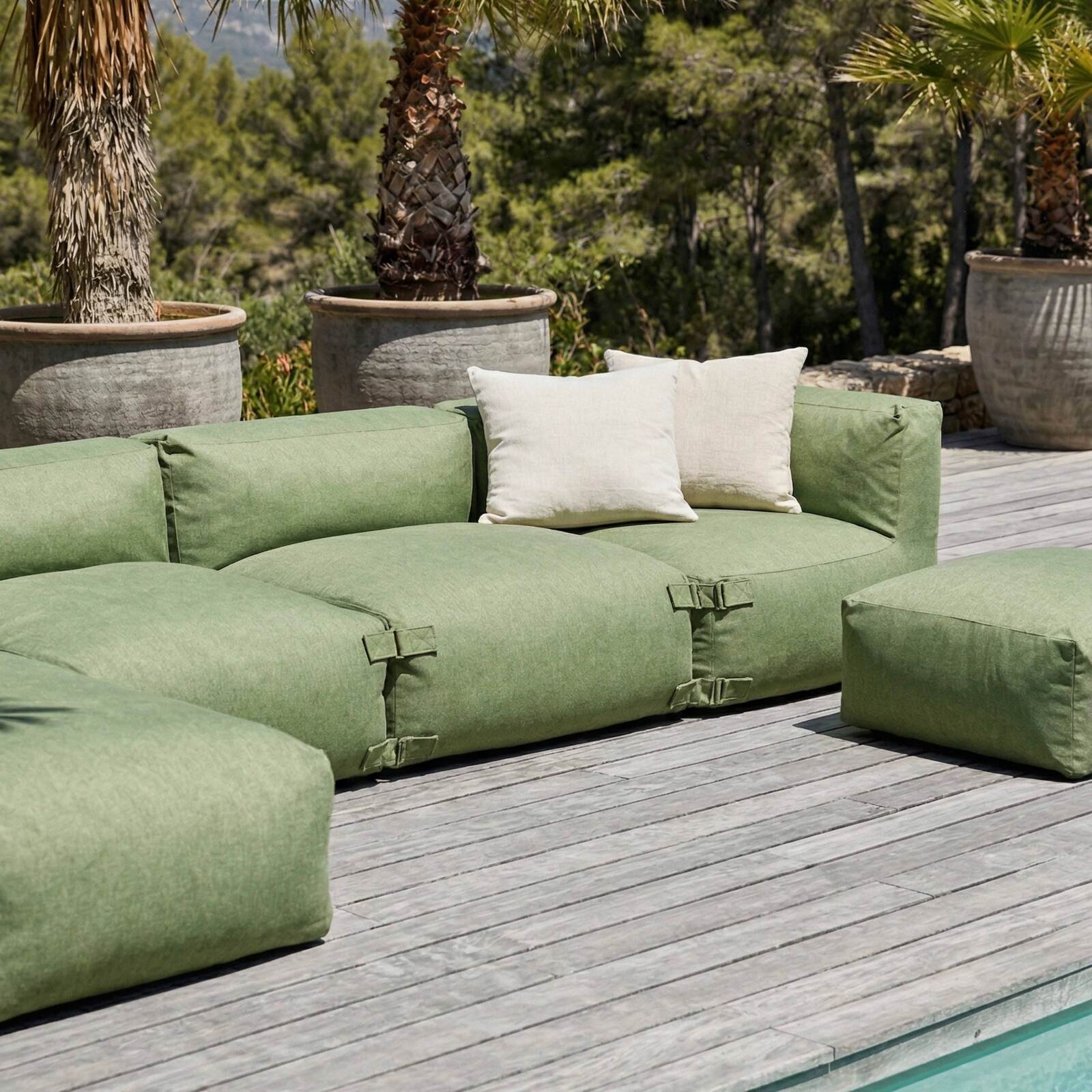 Sofá modular de exterior para 5 personas con 2 sillones, 1 sillón esquinero, 1 chaise longue  y 1 puf
