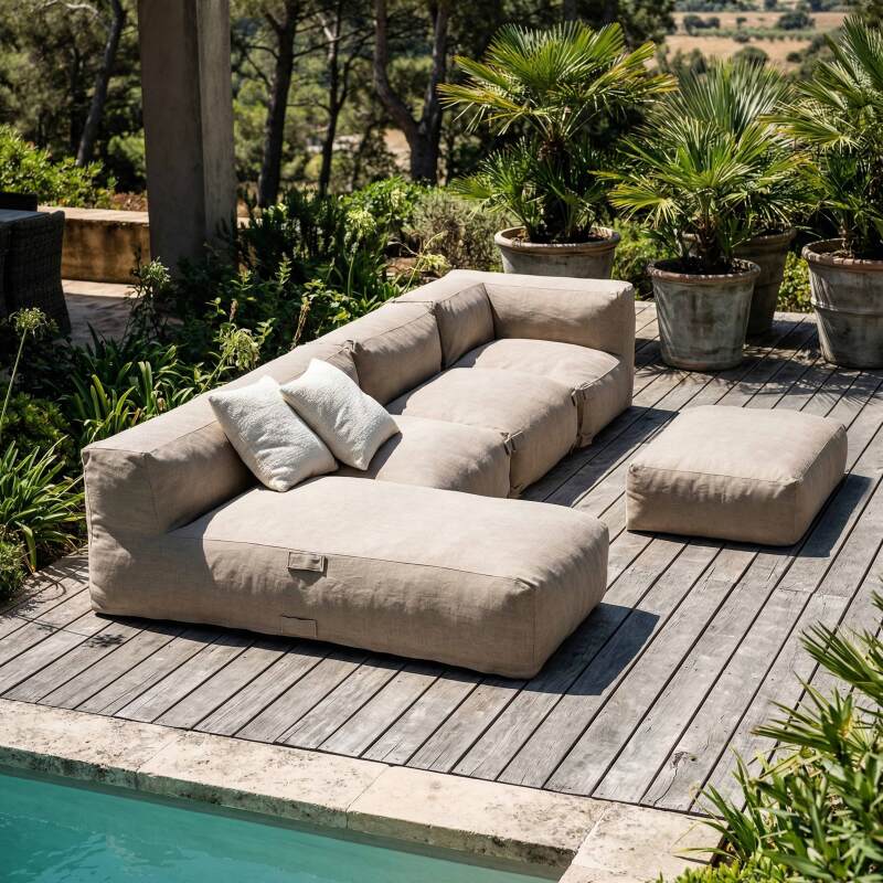 Sofá modular de exterior para 5 personas con 2 sillones, 1 sillón esquinero, 1 chaise longue  y 1 puf