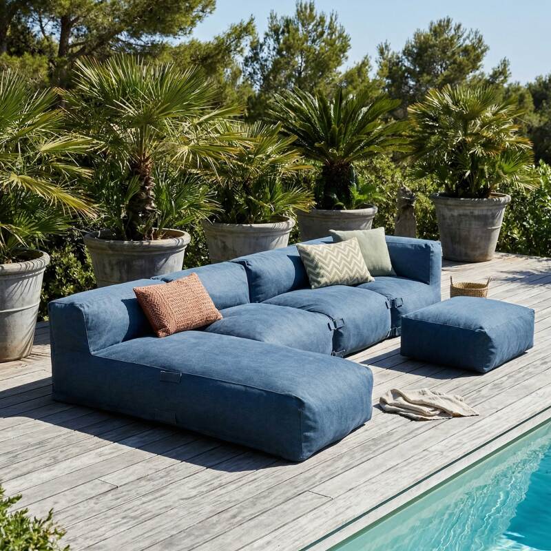 Sofá modular de exterior para 5 personas con 2 sillones, 1 sillón esquinero, 1 chaise longue  y 1 puf