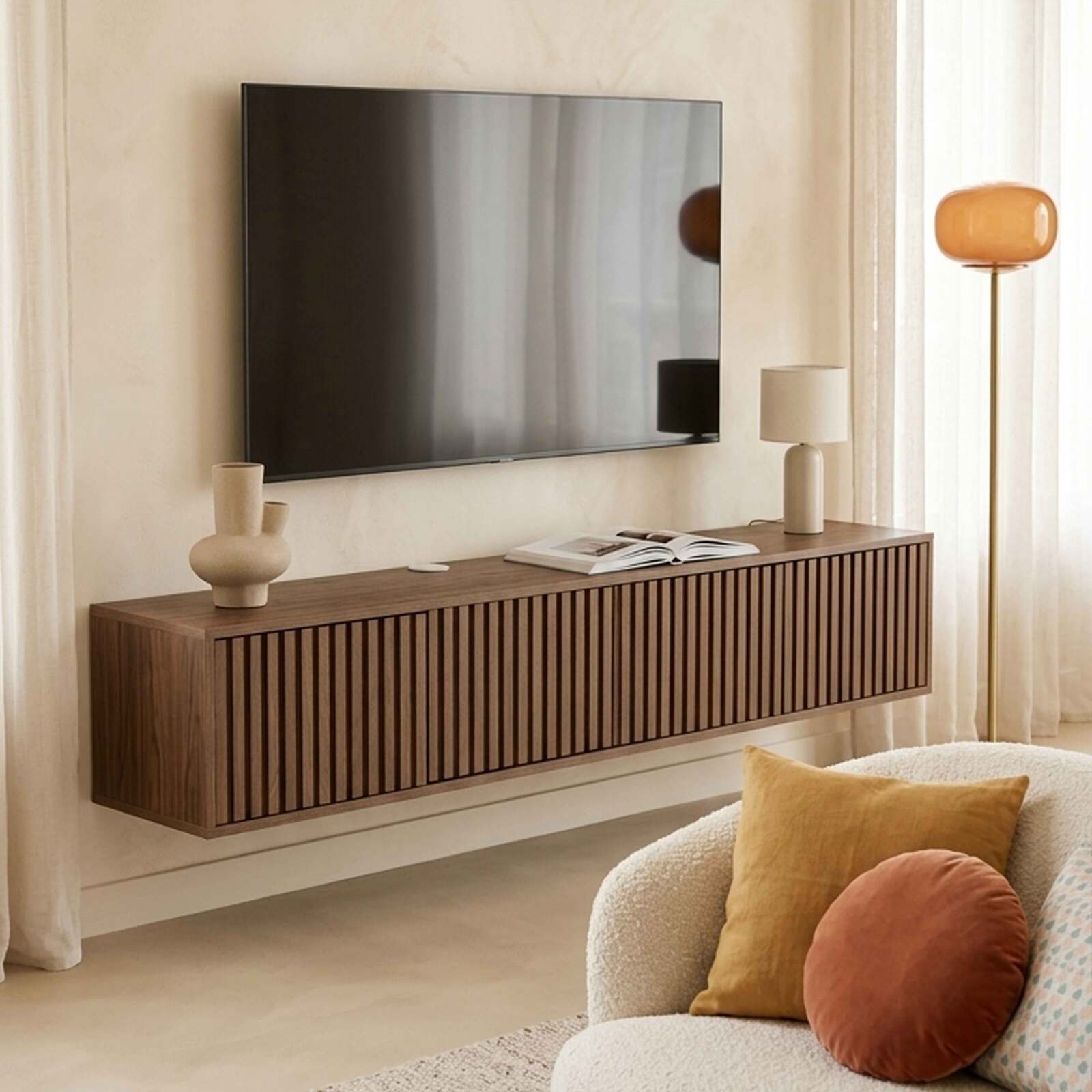 Mueble de TV suspendido efecto madera clara 160 cm estilo escandinavo