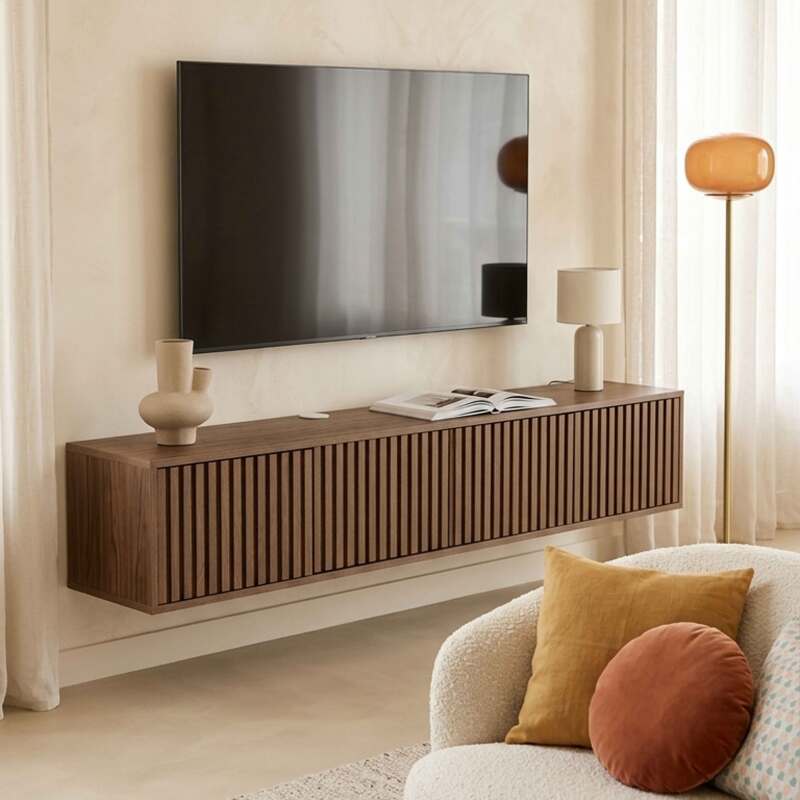 Mueble de TV suspendido efecto madera clara 160 cm estilo escandinavo (2/8)