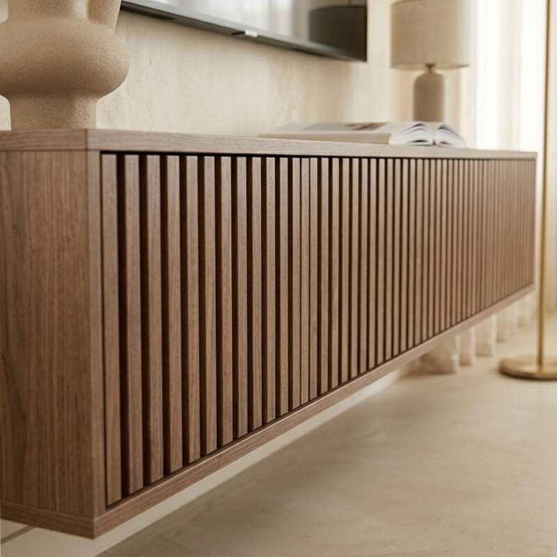 Mueble de TV suspendido efecto madera clara 160 cm estilo escandinavo (3/8)