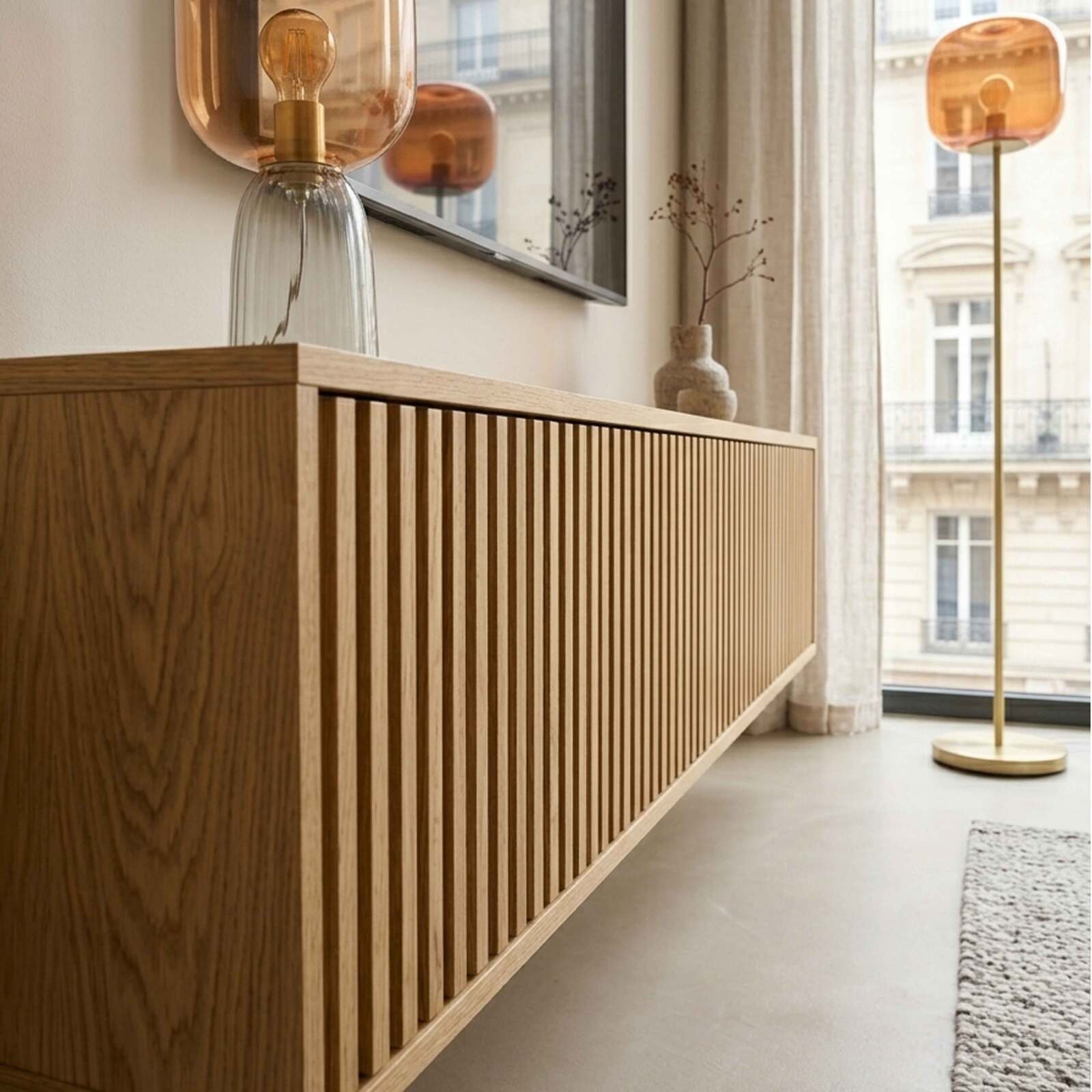 Mueble de TV suspendido efecto madera clara 160 cm estilo escandinavo