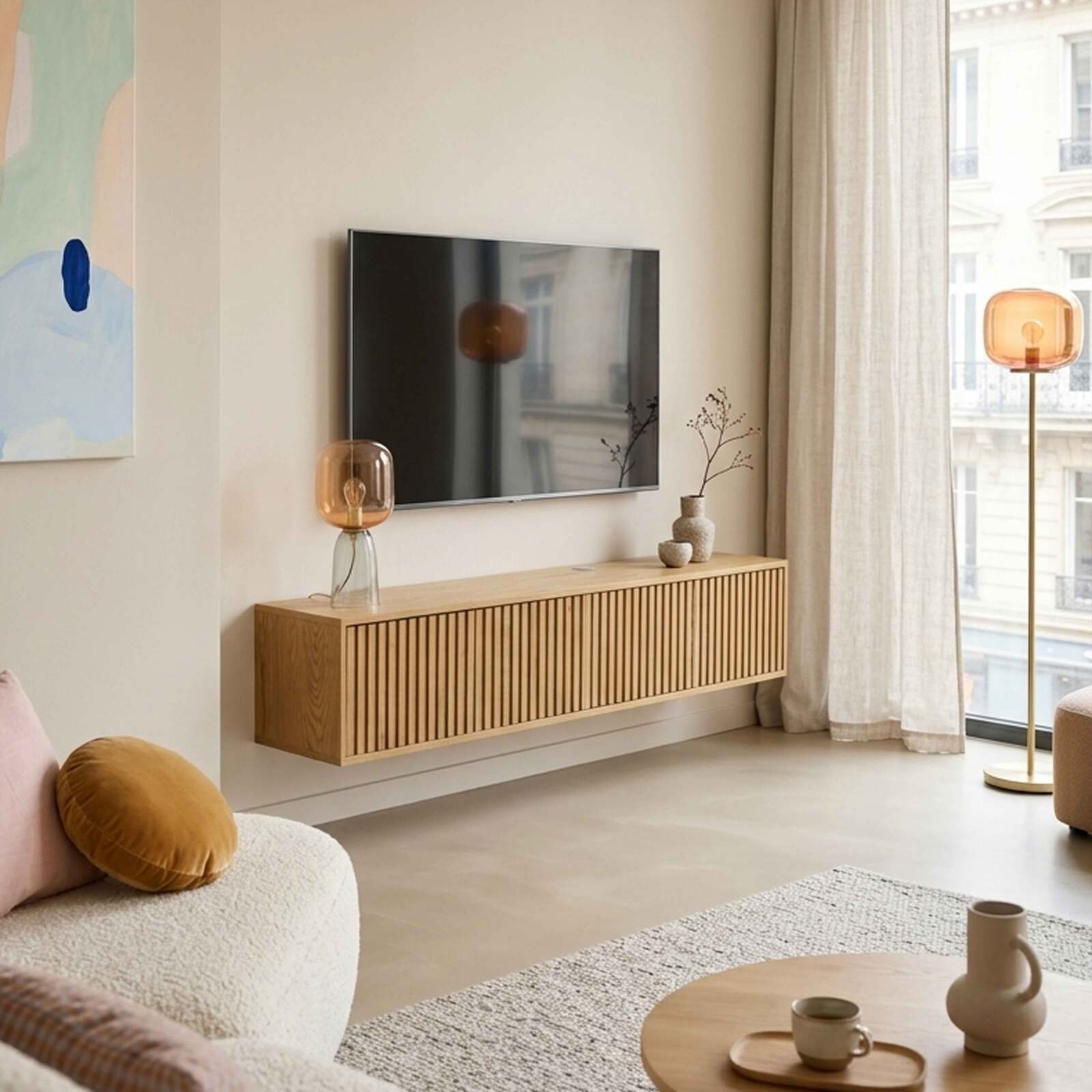 Mueble de TV suspendido efecto madera clara 160 cm estilo escandinavo