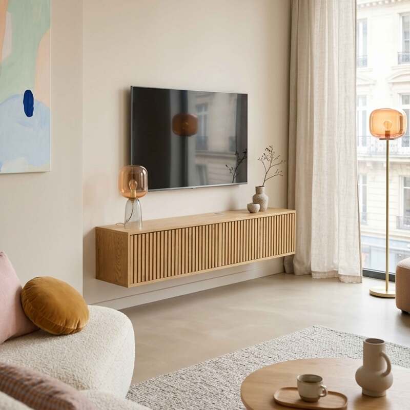 Mueble de TV suspendido efecto madera clara 160 cm estilo escandinavo