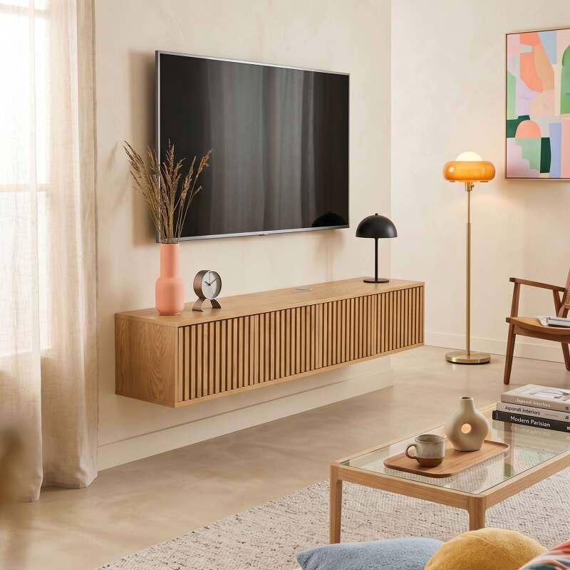 Mueble de TV suspendido efecto madera clara 160 cm estilo escandinavo (7/9)