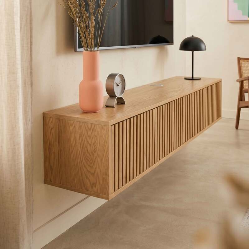 Mueble de TV suspendido efecto madera clara 160 cm estilo escandinavo (8/9)