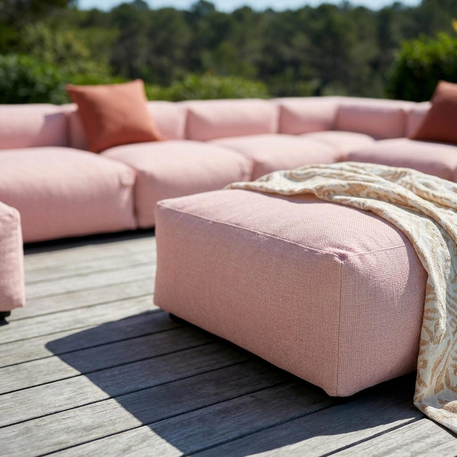 Sofá modular de exterior para 8 personas con 5 sillones, 1 sillón esquinero, 1 chaise longue y 1 puf
