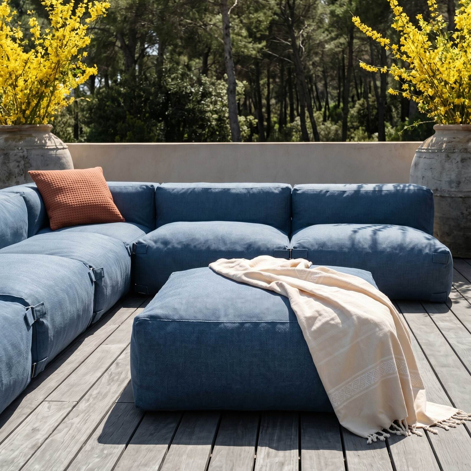 Sofá modular de exterior para 8 personas con 5 sillones, 1 sillón esquinero, 1 chaise longue y 1 puf