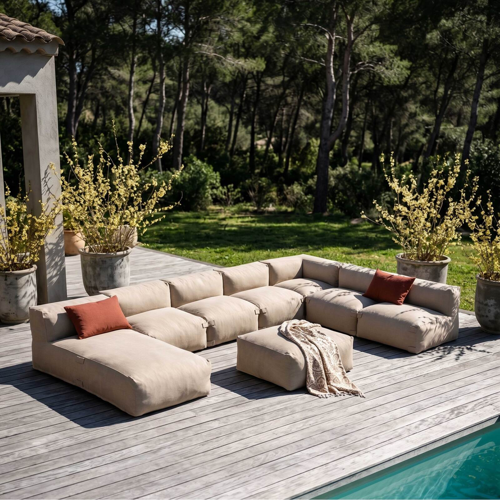 Sofá modular de exterior para 8 personas con 5 sillones, 1 sillón esquinero, 1 chaise longue y 1 puf
