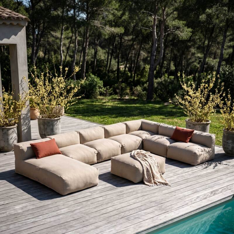 Sofá modular de exterior para 8 personas con 5 sillones, 1 sillón esquinero, 1 chaise longue y 1 puf