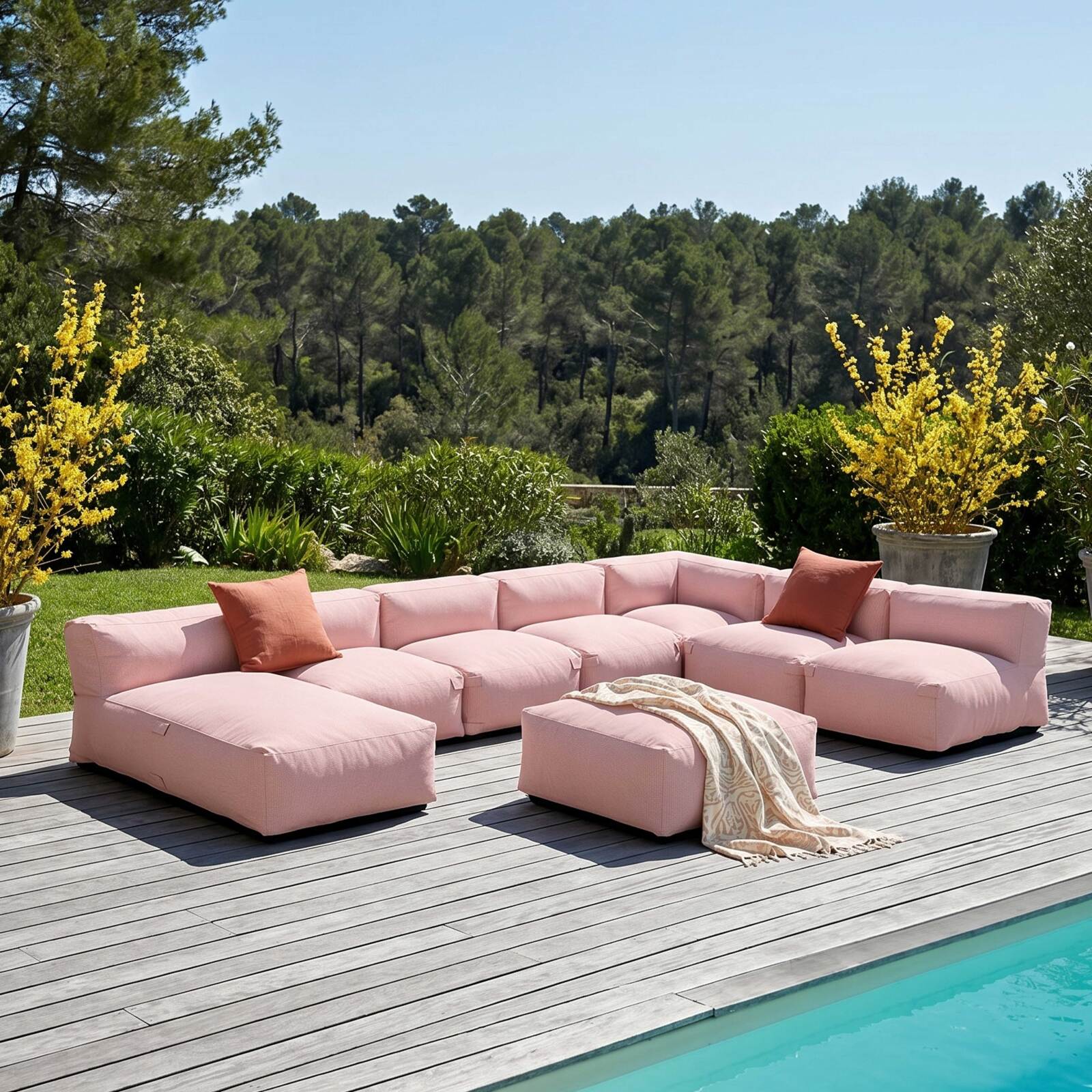 Sofá modular de exterior para 8 personas con 5 sillones, 1 sillón esquinero, 1 chaise longue y 1 puf
