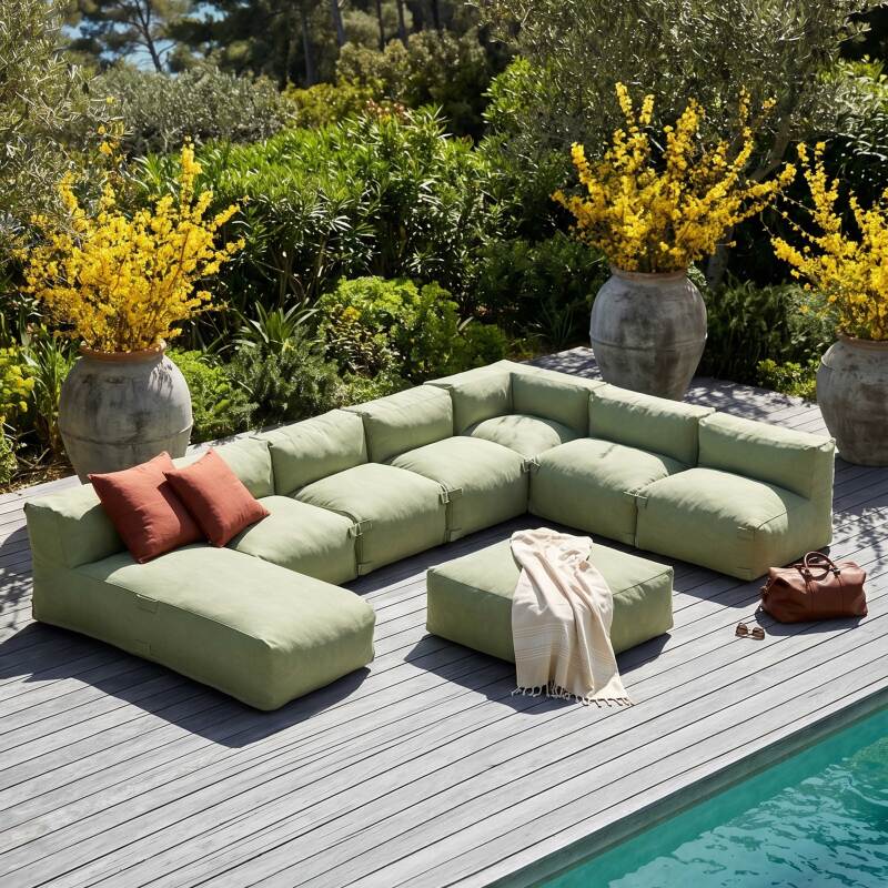Sofá modular de exterior para 8 personas con 5 sillones, 1 sillón esquinero, 1 chaise longue y 1 puf