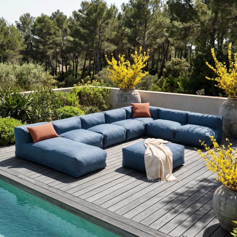 Sofá modular de exterior para 8 personas con 5 sillones, 1 sillón esquinero, 1 chaise longue y 1 puf