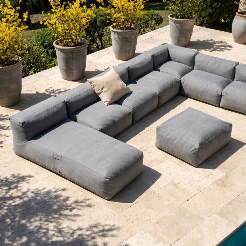 Sofá modular de exterior para 8 personas con 5 sillones, 1 sillón esquinero, 1 chaise longue y 1 puf (2/8)