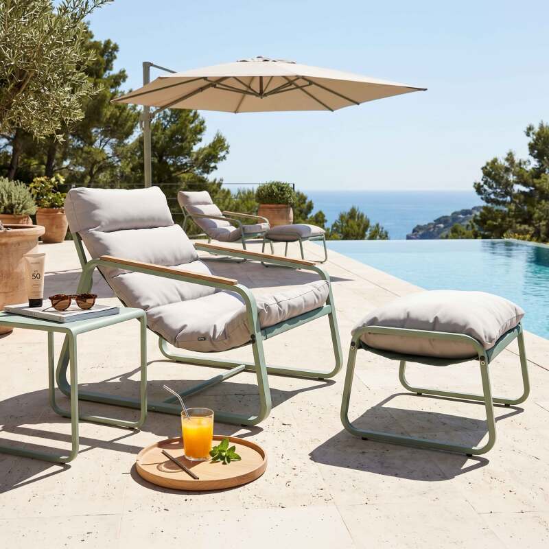 Sillón relax de jardín de metal y textilene con reposapiés