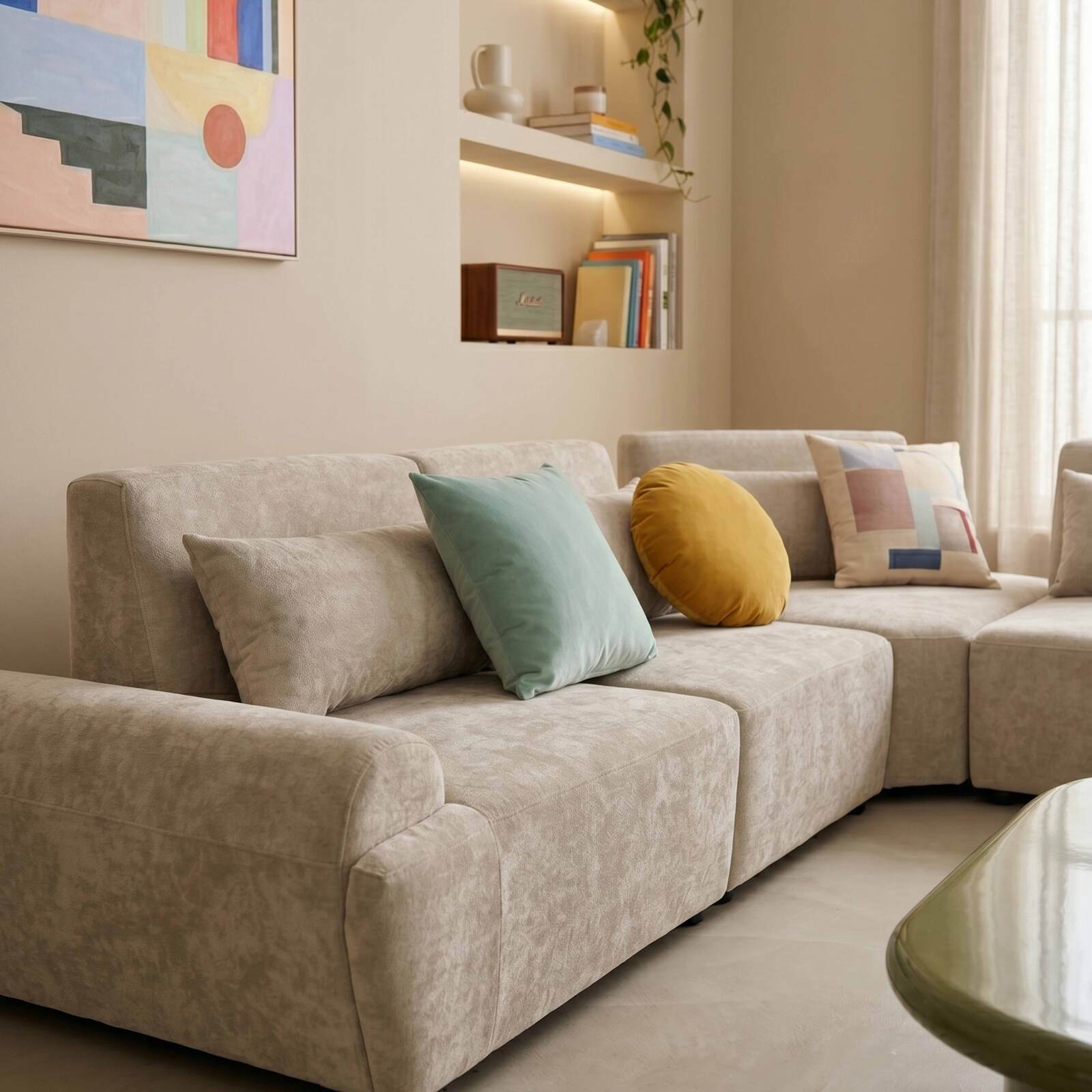 Sofá modular esquinero de 4 plazas de tela con cojines respaldo ajustable