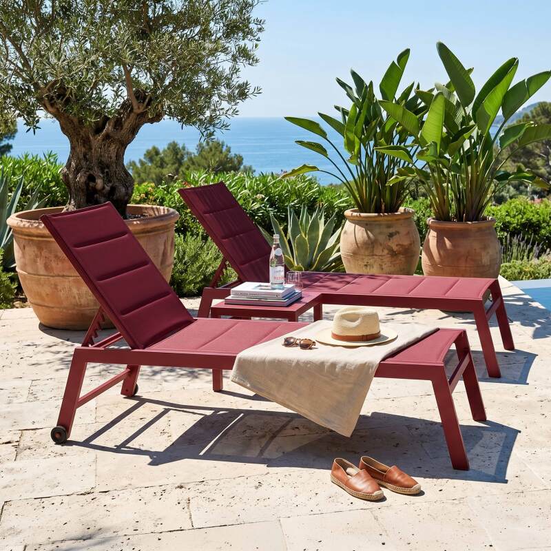 Tumbonas de aluminio y textileno reclinables 5 posiciones con ruedas - Lote de 2