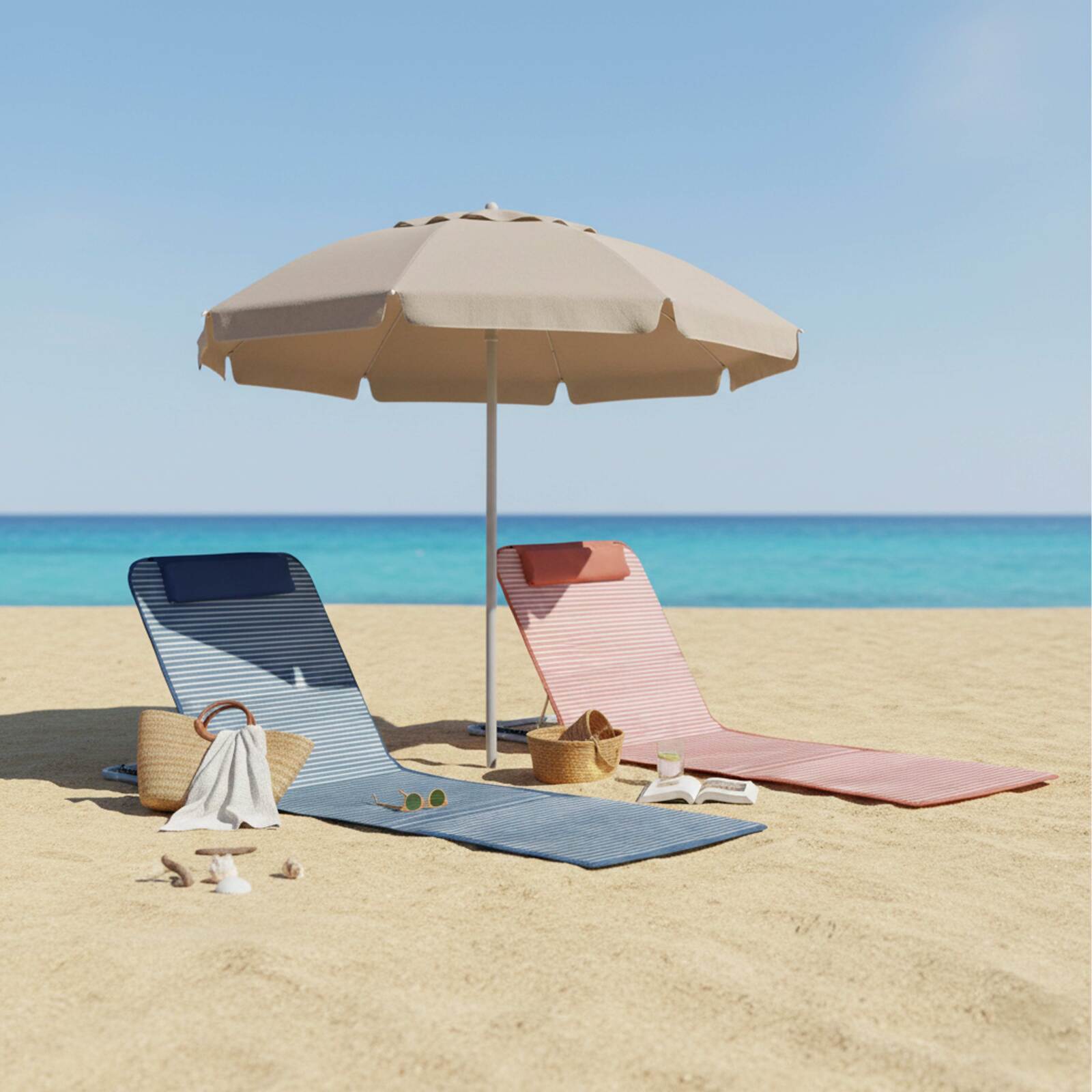 Lote de 2 tumbonas de playa plegables a rayas, azul y roja