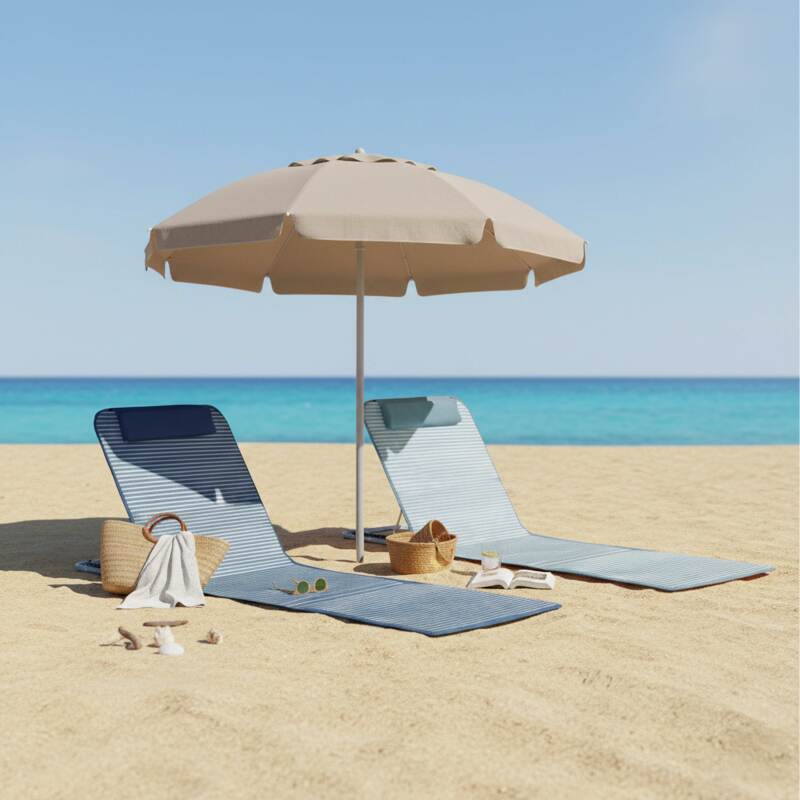 Lote de 2 tumbonas de playa plegables a rayas, azul y gris