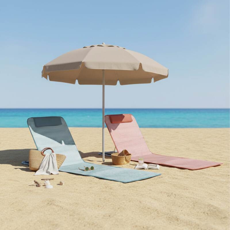 Lote de 2 tumbonas de playa plegables a rayas, roja y gris