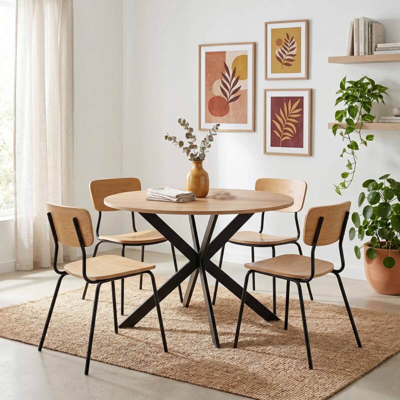 Mesa de comedor redonda de metal y efecto madera 6 personas - Lifestyle