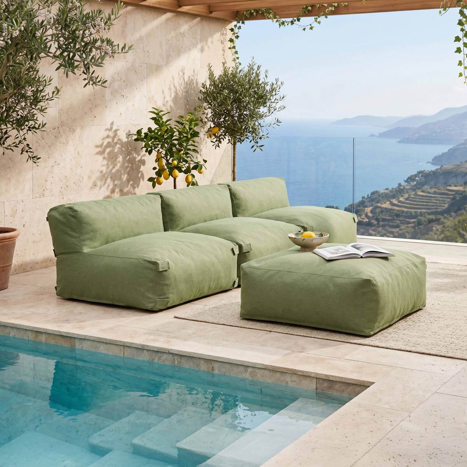Sofá modular de exterior para 4 personas con 3 sillones y 1 puf